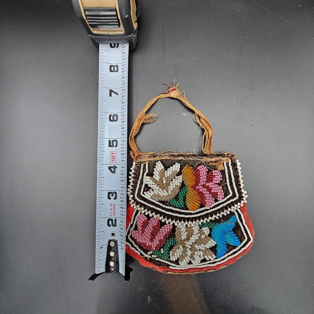 Antique Native American Iroquois Beaded Velvet Purse Floral Flaps 1890s-1910s - Picture 6 of 9